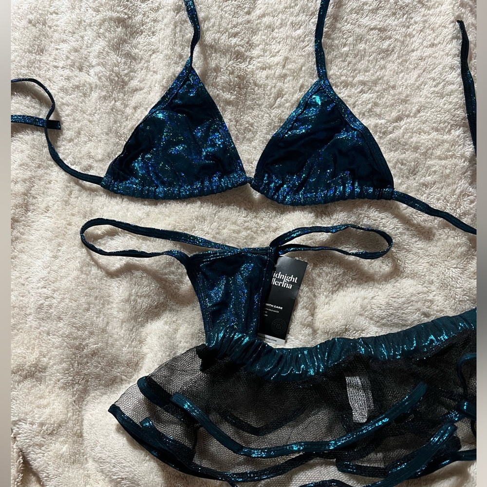 Blue Holographic Sparkling Thong Bikini Set With Mesh Skirt